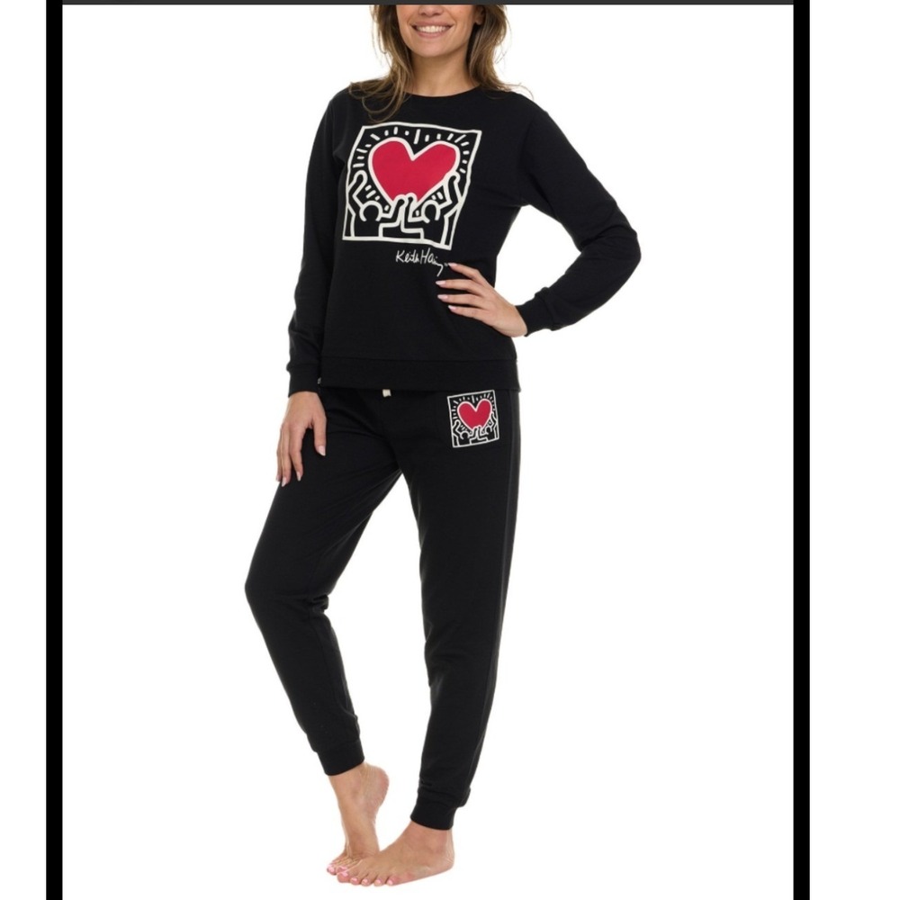 Keith Haring Heart Graphic Sweatshirt‎ and Joggers Set Black Medium Loungewear